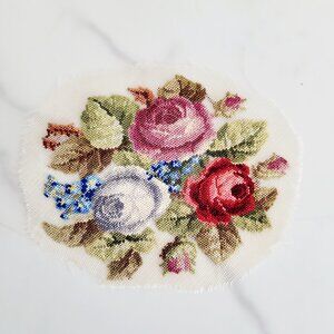 Vintage Petit Point Needlepoint Rose Floral Embroidery Panel – 5"x4" Oval